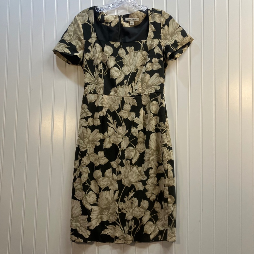 Banana Republic Black Tan Floral Square Neck‎ Sheath Dress Short Sleeve Size 0